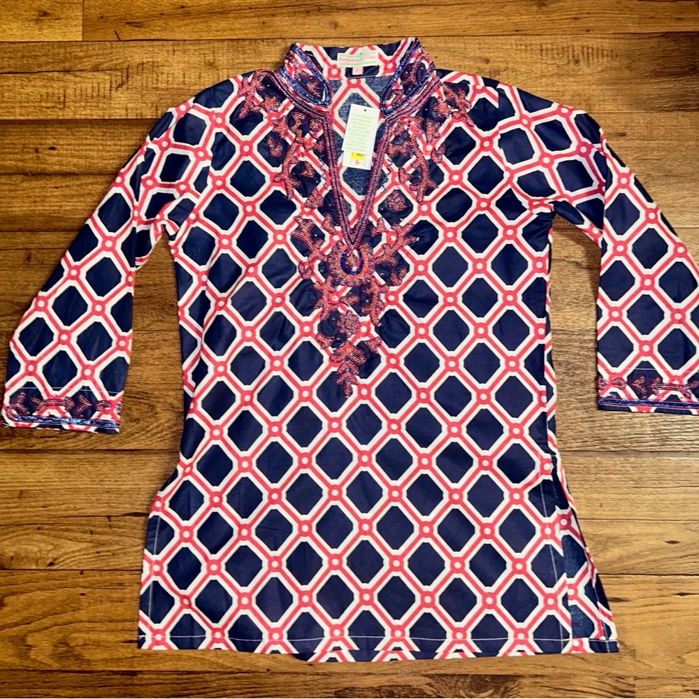 Key Lime & Pink ~Small ~ Beaded Blue/Hot Pink Floral Boho Tunic Blouse ~ New